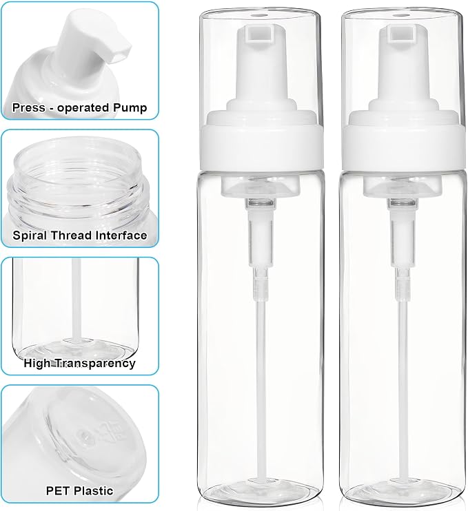 2PCS Foam Pump Bottle, Foaming Dispenser Bottle, Foaming Hand Soap Dispensers, Travel Size Foam Spray Bottles for Body Wash, Lash Cleanser, Shampoo, 200 ml/7 OZ