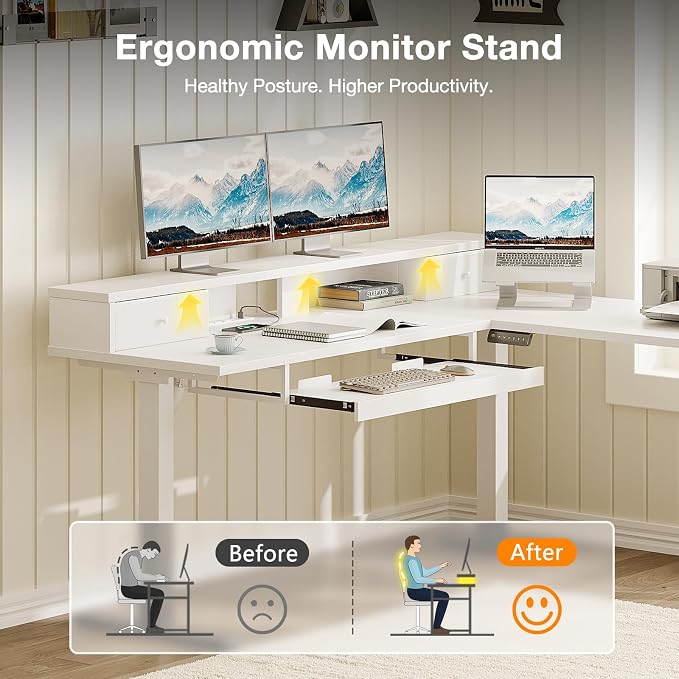 Casaottima 59" L Shaped Electric Standing Desk with Drawers, White | Monitor Stand, Keyboard Tray, Fabric Drawer, Power Outlets, Height Adjustable Corner Stand Up Desk for Organized Home Office