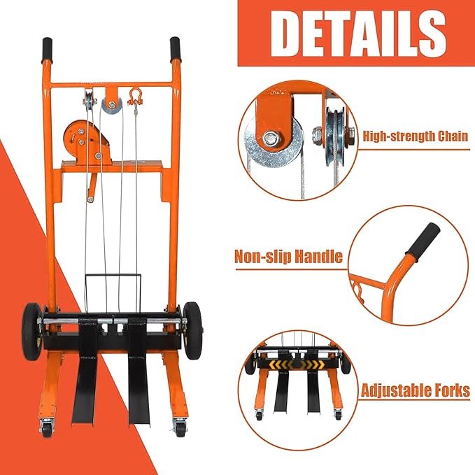 Tory Carrier Material Lift Winch Stacker, 440 lbs Capacity Pallet Stacker, 35.4" Lifting Height, Pallet Truck Dolly, Swivel Casters Lift Table Cart, Forklift with Steel Platform(Orange)