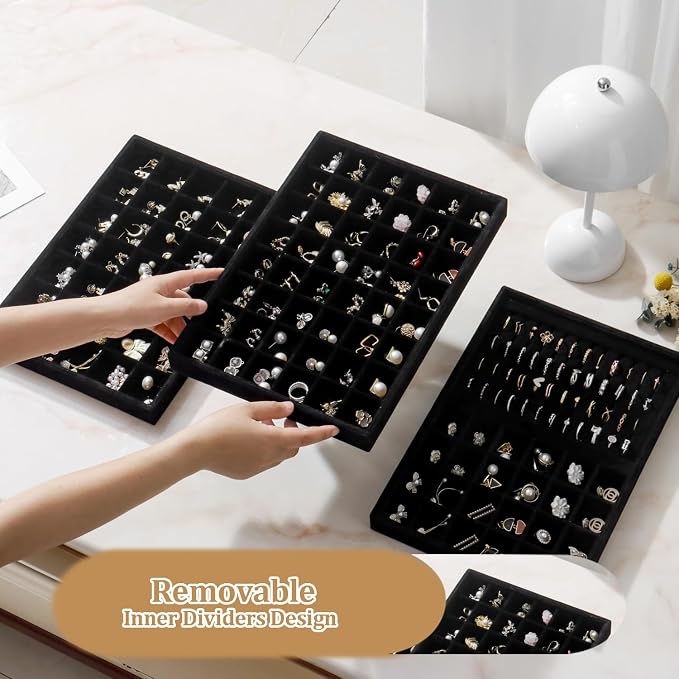 Large Jewelry Organizer for Drawer Insert Velvet Stackable Jewelry Trays for Earring Necklace Bracelet Ring Display (Black, 48 Grids)