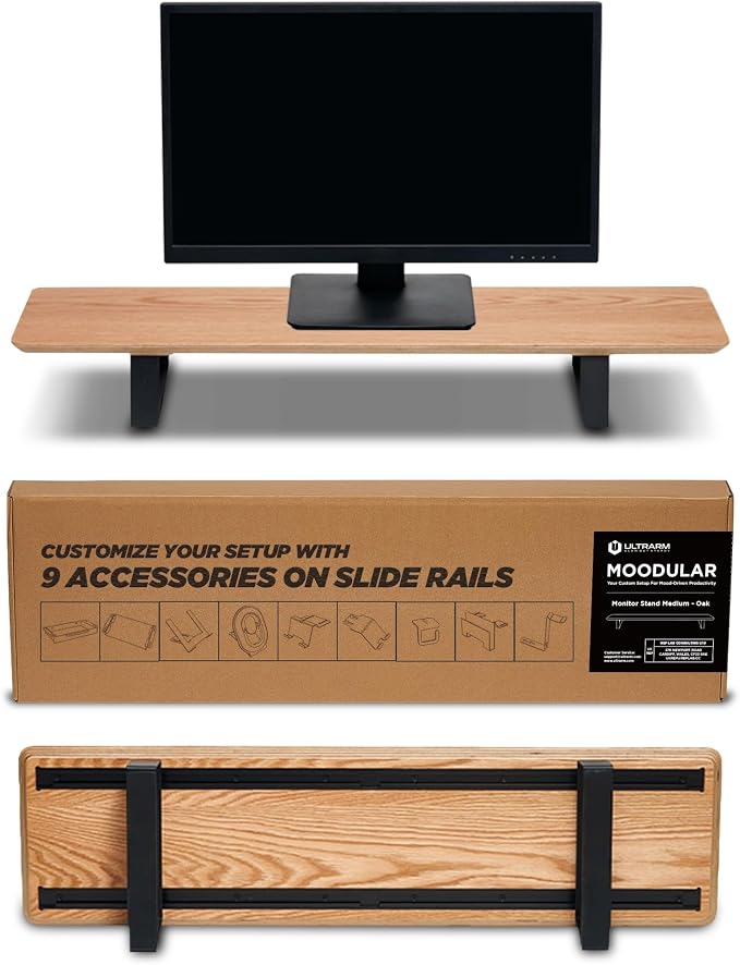 ULTRARM Moodular Wooden Monitor Stand Desk Organizer, Standard 33.4" Oak | Customizable Organized Workspace, Aluminum Slide Rails, 10 Add-Ons Sold Separately: Storage Drawer, Tablet, Phone & More