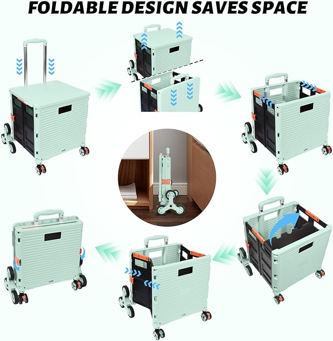FELICON SELORSS Folding Utility Cart Portable Rolling Crate Handcart with Stair Climbing Wheels&360°Swivel Wheels Telescoping Handle Plastic Box Dolly for Travel Shop Move Office Teacher Use(Green)