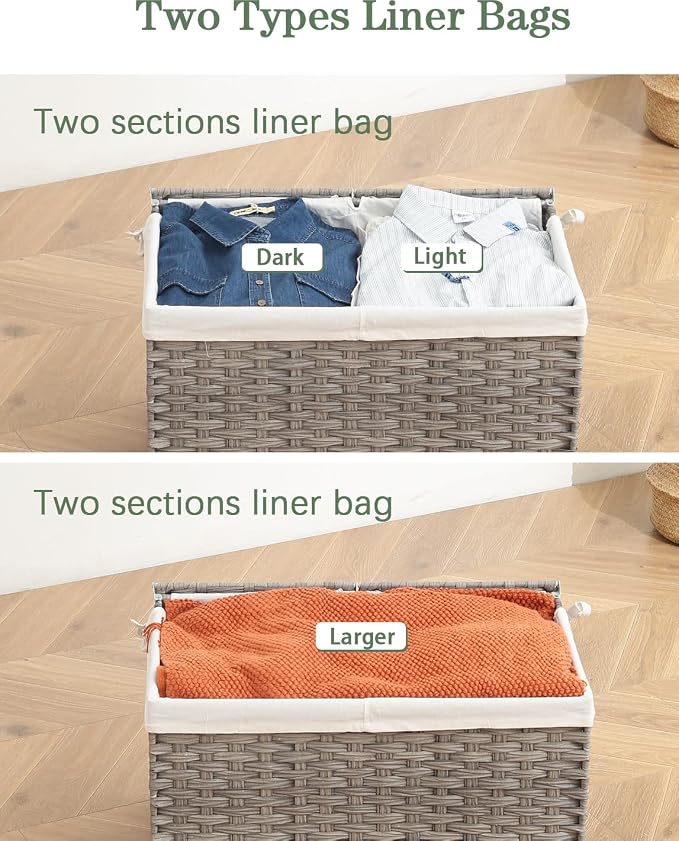 SETVSON Storage Basket with Lid Rattan Storage Basket with 2 Separate Lid, 27.8 Gallon (105 L) 25.2 * 15.4 * 16.1 Inches Woven Wicker Baskets with 2 Liners and Handles for Bedroom Laundry-Gray