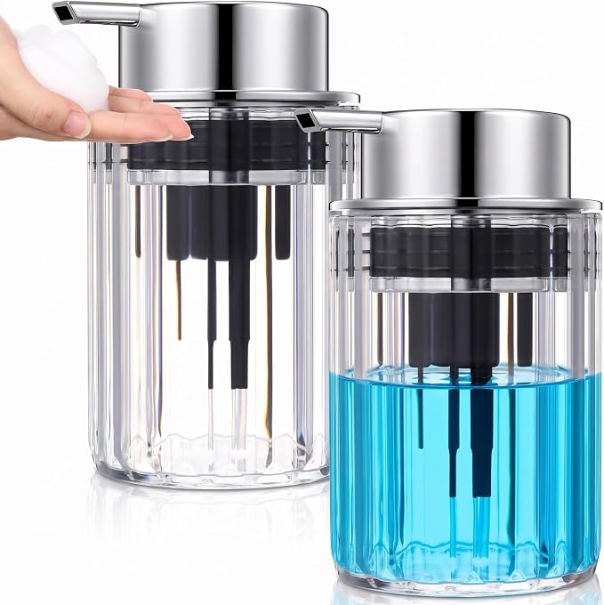 Potchen 2 Pcs Refillable Foaming Hand Soap Dispenser 10 oz Plastic Dispenser Pump Lotion Foaming with Silver Pump for Bathroom Vanities Kitchen(Clear)
