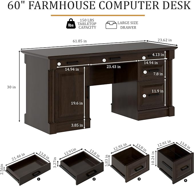 blini Large Farmhouse Executive Desk with Drawers，Wood Computer Desk，Embossed Texture Home Office Desk with File Cabinet Storage, Cable Management, Keyboard Tray，Working Table for Work Study Writing