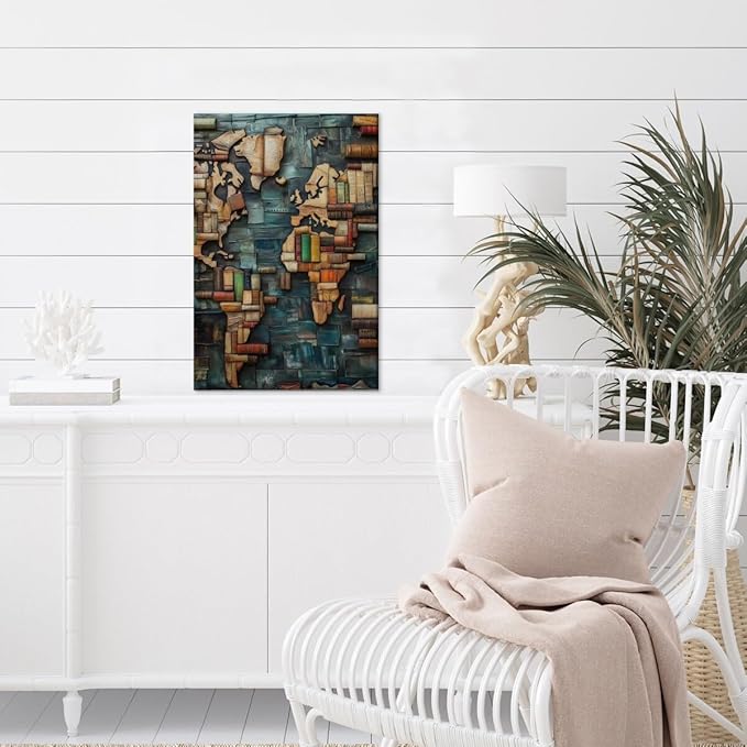World Map Book Adventure Vintage Library Art Aesthetic Poster Canvas Wall Art Decoration Living Room Home Decor Bedroom Decoration Poster Framed20x30inch