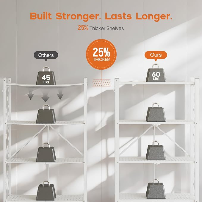 Fenbeli Foldable Shelves with Wheels - 4 Tier Folding Shelf, Collapsible No Assembly Metal Shelving Unit, Origami Storage Shelves & Rolling Storage Rack with 8 Hooks for Kitchen Pantry Garage