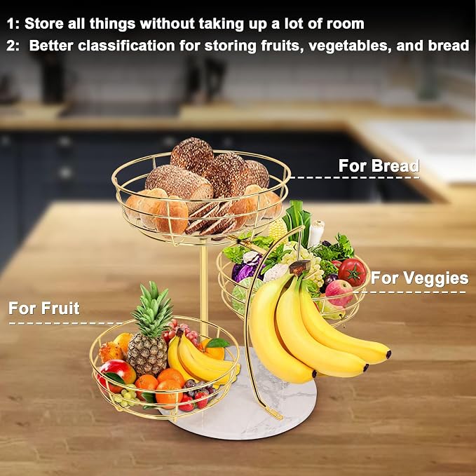 Livabber Fruit Basket Bowl with Banana Hanger, Metal Fruit Vegetable Storage Basket with Banana Holder for Kitchen Counter, Detachable Organizer for Bread Snack Produce (Gold, 3-Tier Marble Base)
