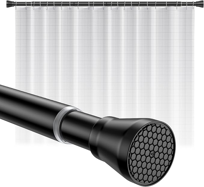 Shower Curtain Rod 45-77 Inch Black Shower Tension Rod Adjustable Curtain Rod No Drilling Tension Curtain Shower Rods for Bathroom Windows