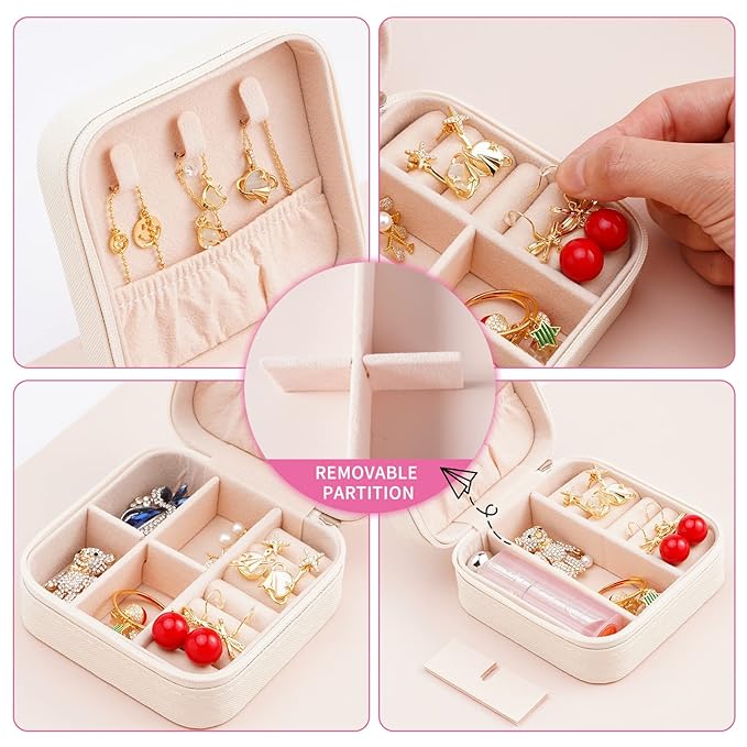 Neveika Portable Travel Mini Jewelry Box Leather Jewellery Ring Organizer Case Storage Gift Box Girls Women (white).