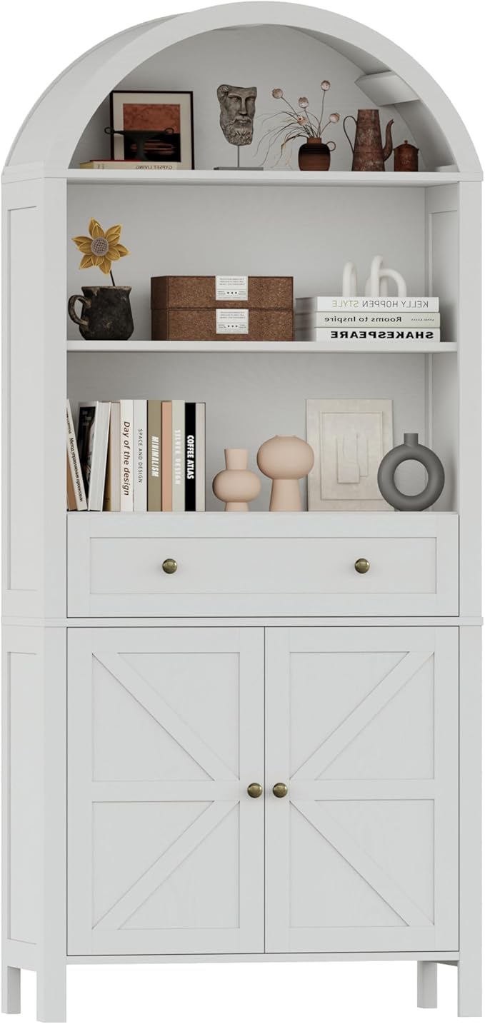 71" Tall Arched Bookshelf, 5-Tier Bookcase with Drawer, Farmhouse Storage Book Shelf with Open Shelves for Living Room, Dining Room, White