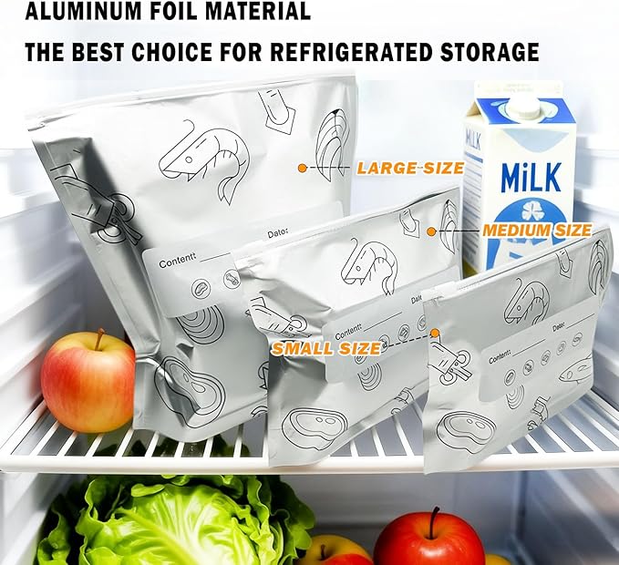 Aluminum Foil Food Storage Bags, Reusable Freezer Bags for Refrigerator, Stand Up Airtight Vacuum Sealer Bags, Heavy Duty Smell Proof Lock Freshness, Perfect for Meat, Vegetables (30, Small)