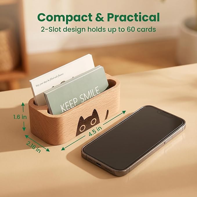 Business Card Holders 2 tier 2 Slot, Natural Wooden Name Card Holder Wood Business Card Holder Office Desktop Card Display Stands Cat Pattern Cute
