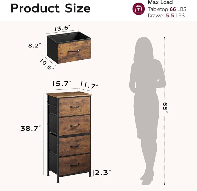 WLIVE Dresser with 4 Drawers, Fabric Storage Tower, Organizer Unit for Bedroom, Hallway, Entryway, Closets, Sturdy Steel Frame, Wood Top, Easy Pull Handle, Rustic Brown Wood Grain Print