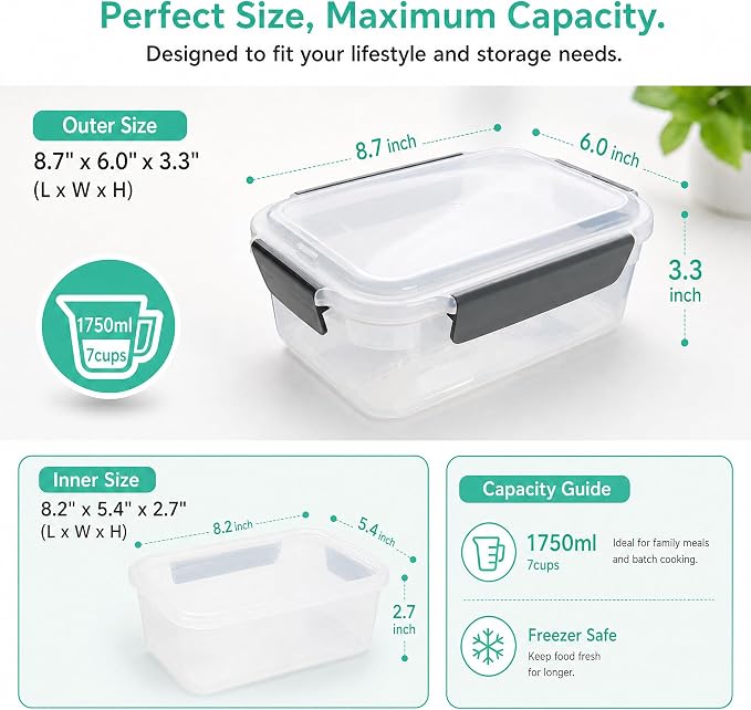 YORY 7cup Plastic Food Storage Containers With Lids For Leftover,5pk | BPA free,Stackable and Nestable,Snaplock Lid ,Freezer Dishwasher Microwave Safe