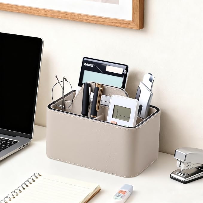 PU Leather Remote Control Holder, Desk Caddy Organizer with Handle Beige | 3 Compartments Portable Remote Organizer, Remote Caddy Bedside Holder for Office Storage Supply Organizer