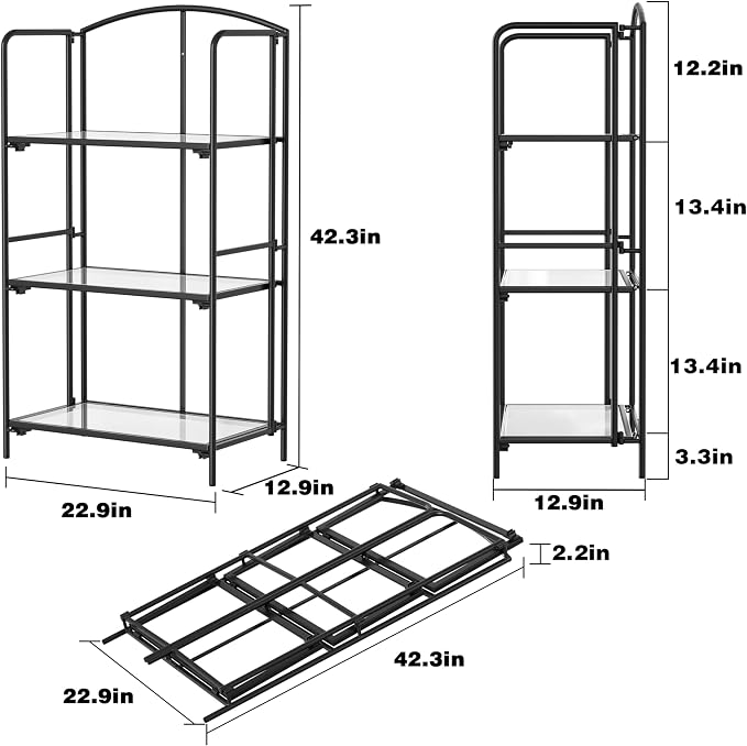 Crofy 3-Tier Foldable Bookshelf, Black Frame & Transparent Shelves | No-Assembly Collapsible Portable Storage Organizer; Sturdy Transparent Shelves; Ideal for Living Room & Home Office