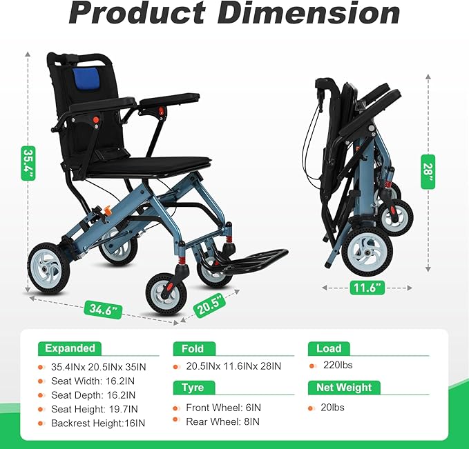 20 lbs Transport Wheelchair Lightweight Foldable, Portable Folding Transport Chair with 8" Honeycomb Tires, 16.2" Seat Small Wheelchair for Tight Spaces, Narrow Wheelchairs for Adults & Elderly(Blue)