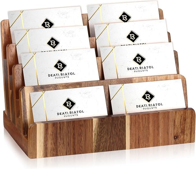 DLUGOPIS 4 Tier Acacia Wood Business Card Holder Desktop Business Card Display Stand Multiple Wood Business Card Organizer Gift Card Display Rack Pamphlet Display Stand for Exhibition Home Office
