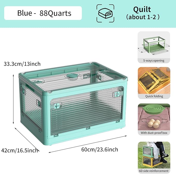 3-Pack Stackable Storage Bins, 83-Liter Collapsible Organizers with 3 Lids, Wheels, Foldable Collapsible Box for Outdoor Camping, Blue