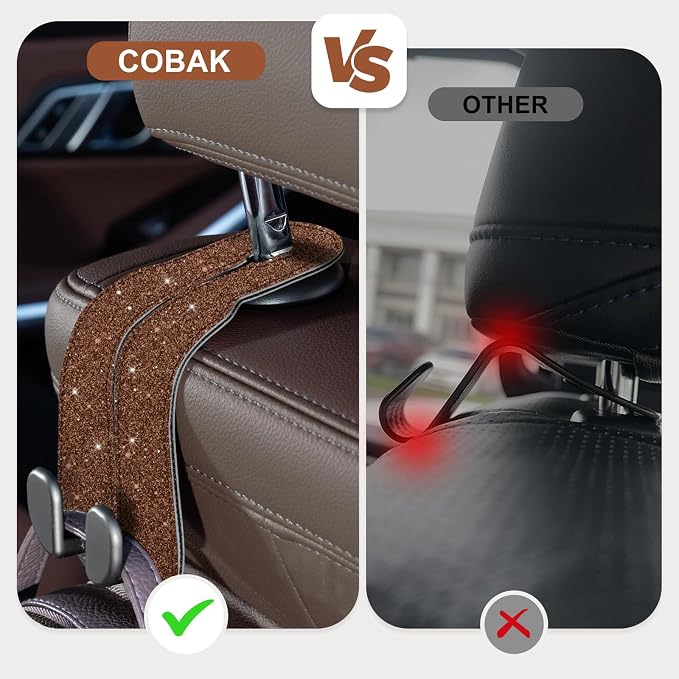 CoBak Purse Hook for Car - Universal Premium Stitched Leather and Aluminum-Magnesium Alloy Double Car Seat Back Storage Hook for Purses, Handbags, Bags (2 Pack),Brown Glitter