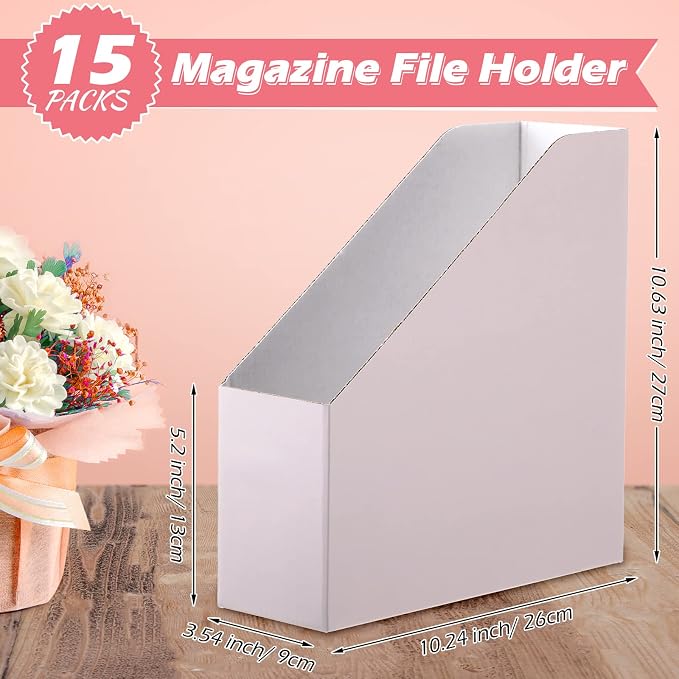 Teling 15 Pack Pink Magazine File Holder, 10.6" H x 10.2" L x 3.5" W, Foldable Cardboard Document Storage Box for Shelves, Book Bin Desk Organizer for Office Home Classroom