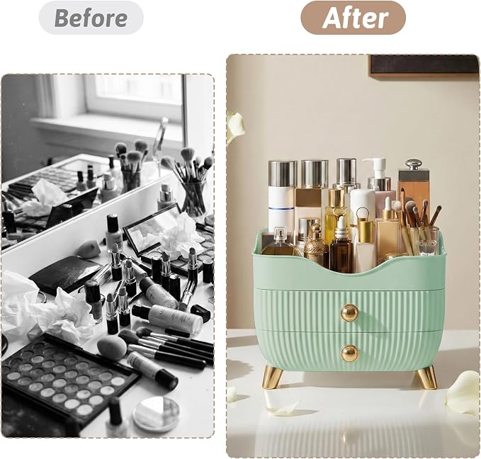 Makeup Organizer for Vanity, Large Capacity Skincare Cosmetic Organizer Countertop with 2 Drawers, Cosmetic Display Cases Makeup Storage Box for Bedroom, Bathroom, Ideal Gifts for Women(Green)