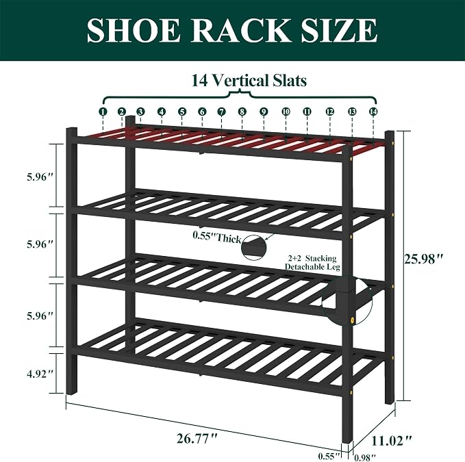 Smiry Bamboo Shoe Rack for Closet, 4 Tier Wooden Shoe Organizer, Stackable Wood Shoe Storage Shelf for Entryway, 14 Vertical Slats, 2+2 Stack Heavy-Duty Legs, 26.77"x11.02"x25.98", Black