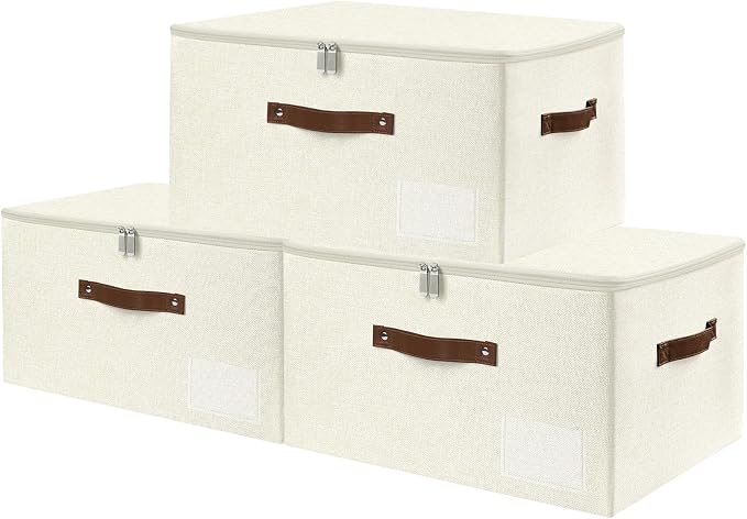 ANMINY Fabric Storage Box Bins with Zipper Lid, Washable Beige, 3PCS | Cotton Linen Fabric, PP Board Frame, Label Holder, Stackable & Foldable, PU Handles, Dual-Zipper 3-Side Open Lid, Large