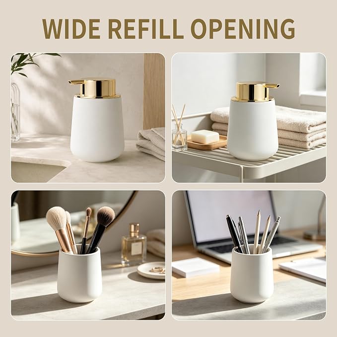 Bosilunlife Ceramic Bathroom Soap Dispenser - 12Oz Bathroom Countertop Kitchen Dish Soap Pump Dispenser Liquid Soap Dispenser - Matte White with Gold