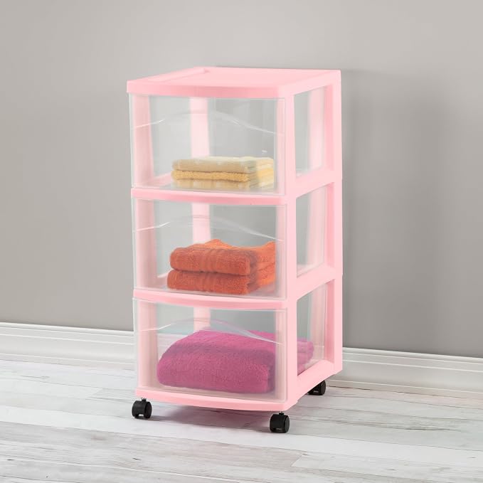 Sterilite 4 Pack 3 Drawer Storage Cart, Plastic Rolling Organization, Pink | Clear Plastic Organizer Drawers with Wheels for Craft Supplies, Bath Essentials, or Home Accessories