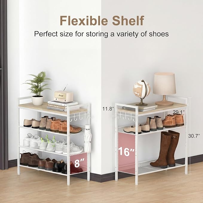 Refrze Shoe Rack for Front Door Entrance, 4 Tier Height-Adjustable Metal Shoe Rack, Sturdy Wooden Top and Tiltable Steel Frame Heavy Duty Shoe Organizer for Bathroom,Bedroom,Kitchen, Include Hook