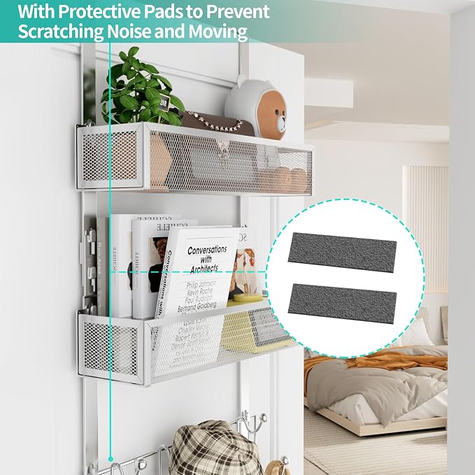 HapiRm Over The Door Hanger with Coat Hooks and 2 Baskets, Rustproof & Waterproof Over The Door Hooks, Storage Organizer for Hats, Bathroom, Kitchen, Bedroom-Silver (for 1.76in Doors)