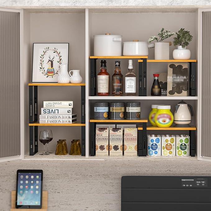 Expandable Kitchen Cabinet Organizer Shelves – Stackable Adjustable Metal and Wood Storage Racks for Countertop, Pantry, Garage Set of 2 Spice Rack – Easy Assembly, Space-Saving(1 Pack/Medium/Black)