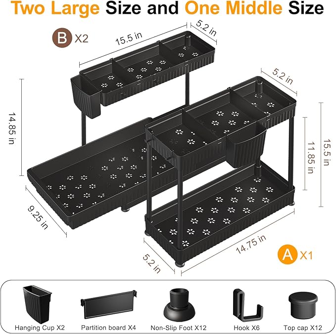 Sevenblue 3 Pack Multi-Purpose Under Sink Organizers and Storage, 2026 L-Shaped Pull Out Cabinet Organizer for Bathroom & Kitchen, Under Cabinet Organizer with Hooks Hanging Cup (Black, 14.85 inch)