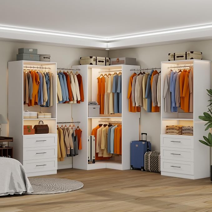 Closet System with 6 Wooden Drawers, 6.5-16FT Corner Closet Organizer System for Walk in Closet, Heavy Duty Modular Closet Systems, Built-in Shelving System with 7 Hanging Rods (CL070909)