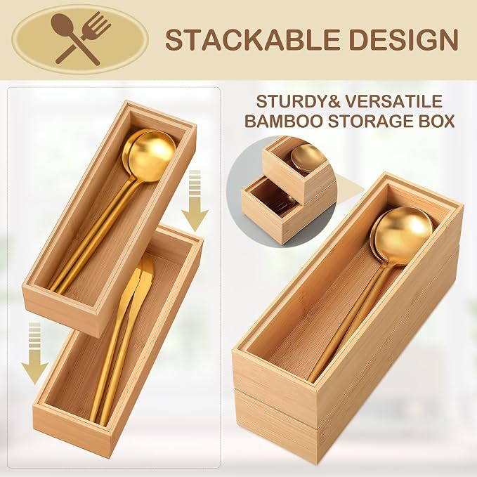 Kigley 8 Pcs Kitchen Bamboo Drawer Organizer Utensil Wooden Silverware Drawer Organizer Utensil Bamboo Storage Box Cutlery Holder Flatware Containers for Kitchen, Bathroom(9 x 3 x 2 Inch,Wood)