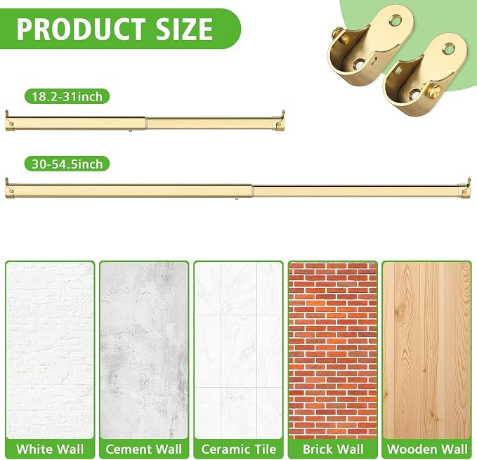 Oval Closet Rod for Hanging Clothes 30 to 54.5 Inch, Includes End Supports, Adjustable Wardrobe Tube, Heavy Duty Extendable Closet Pole, Carbon Steel, Gold