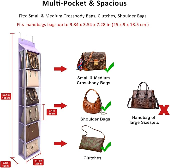 Lirex Over The Door Purse Organizer & Purse Shelf for Closet – Handbag Storage Organizer with Purse Hanger. Perfect for Scarves, Hats, and Leggings. S (11.8'' x 5'' x 51.6''), Purple