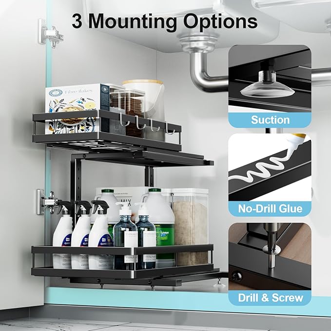 2 Pack Under Sink Organizers and Storage, Heavy Duty Metal Pull Out Cabinet Organizer with Ball-Bearing Slides, Height Adjustable L-Shaped Shelf for Kitchen & Bathroom (1-Pack)