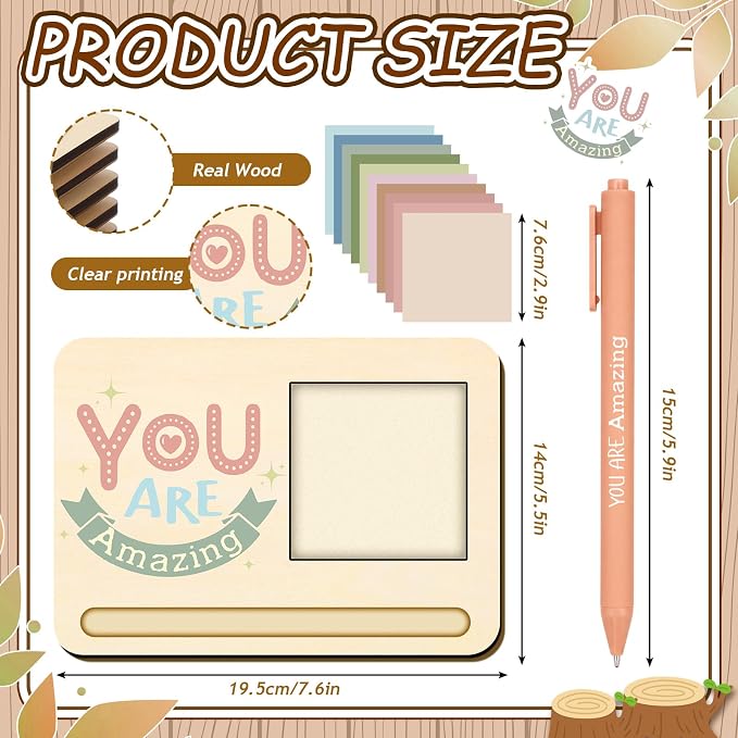 Kosiz 10 Set Back to School Teacher Gifts Morandi Wooden Sticky Note Holder with Notes and Ballpoint Pens Inspirational Sticky Notes Sets for Back to School Teacher Staff Thank You Gifts