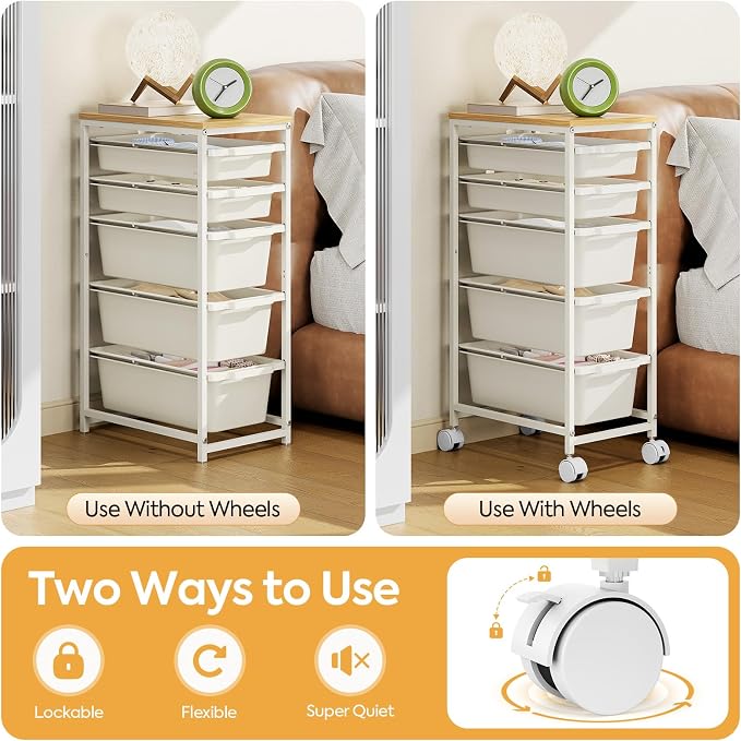 Slim Rolling Storage Cart with 5 Drawers, Craft Organizer, Wooden Tabletop Utility Cart for Bedroom, Children's Room and Office Organization, Table Side Trolley with Lockable Wheels, White