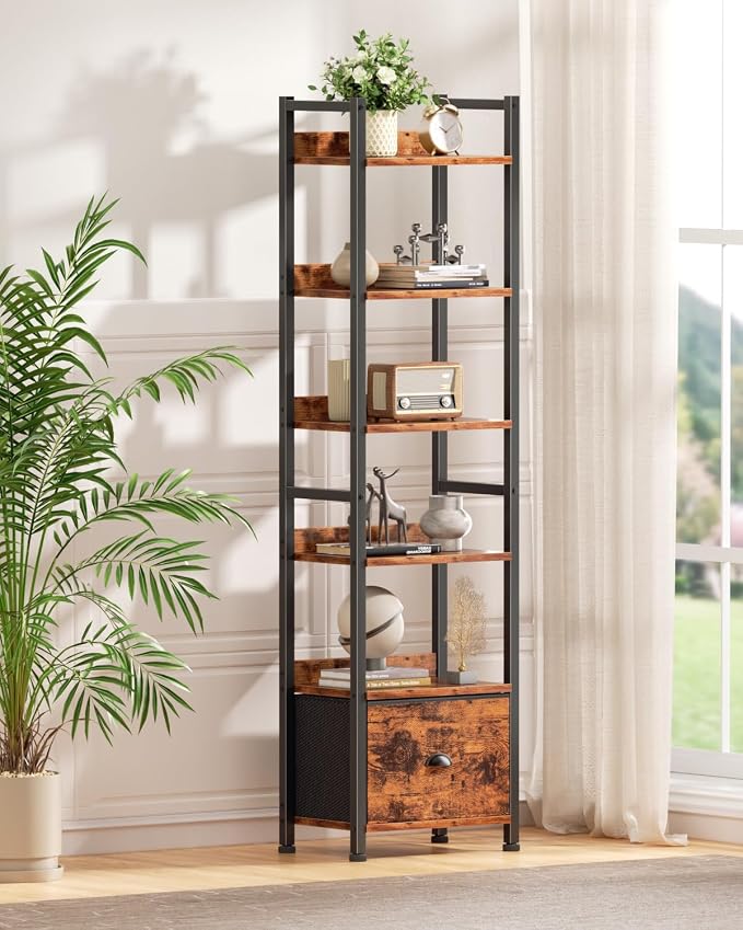 Furologee 6 Tier Bookshelf, Tall Shelf with Drawer, Wood and Metal Bookshelves Storage Organizer, Industrial Display Shelving Unit for Bedroom, Living Room, Home Office, Rustic Brown