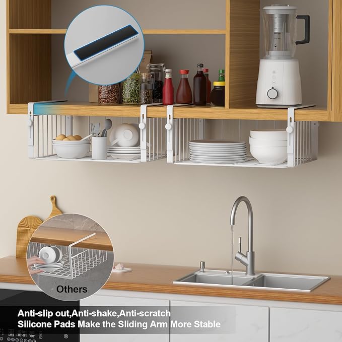 AmonHouseware 2Pack Under Shelf Storage Basket Organizer, White | Adjustable Hanging,Under Cabinet Add-on, Slide-in Baskets, for Laundry Room Kitchen Pantry Desk Bookshelf Counter Cupboard