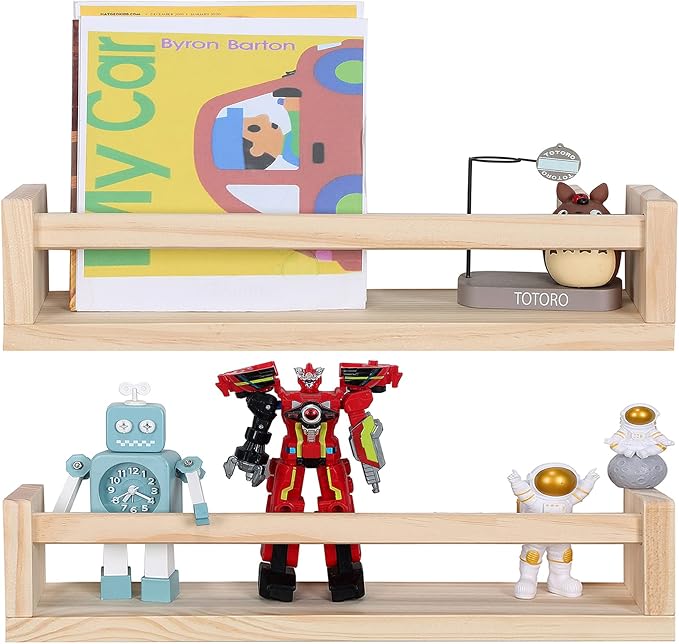 JORIKCHUO Nursery Book Shelves, Set of 2 Wood Floating Book Shelves for Kids Room, Kitchen Spice Rack, or Rustic Wall Mounted Shelves for Farmhouse Bathroom Décor (Natural Wood)