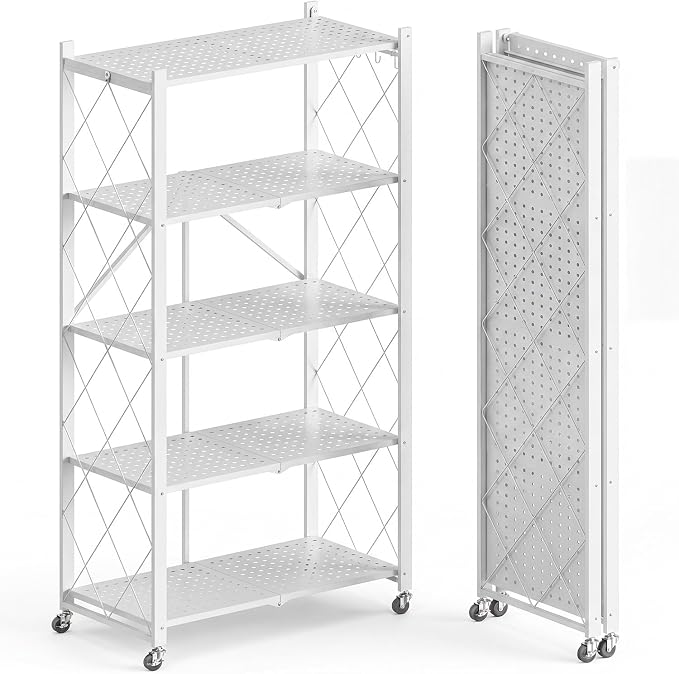 Upgraded 18% Thickened Portable 5-Tier Foldable Storage Shelves with Wheels Heavy Duty Storage Shelf Collapsible Shelves Unit Display for Garage Storage Kitchen Pantry & Closet Organizer