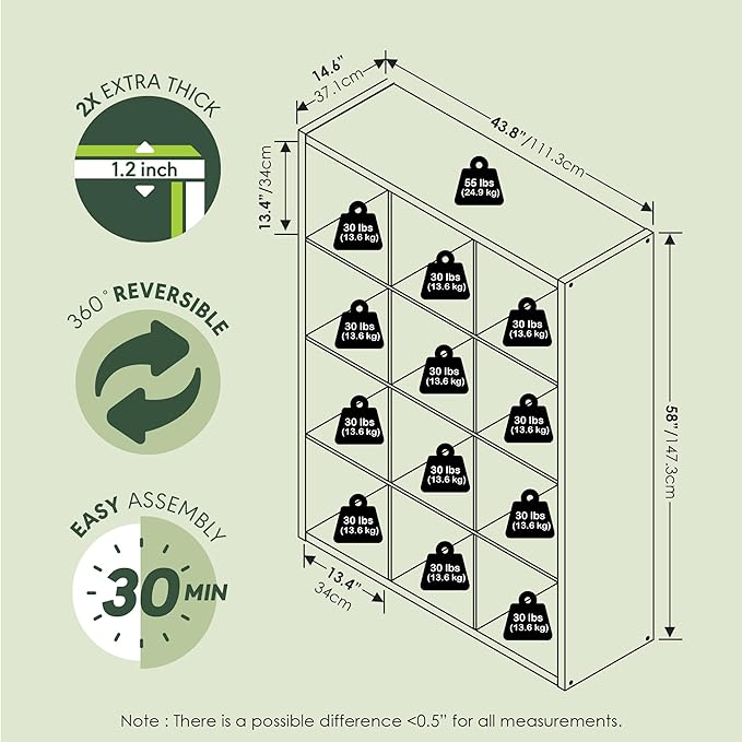 Furinno Cubicle Book Shelf, 12-Cube Bookshelf, Extra Thick Frame Reversible Bookcase with Open Back, 14.6" x 44" x 58", for Living Room, Bedroom, Home Office, White