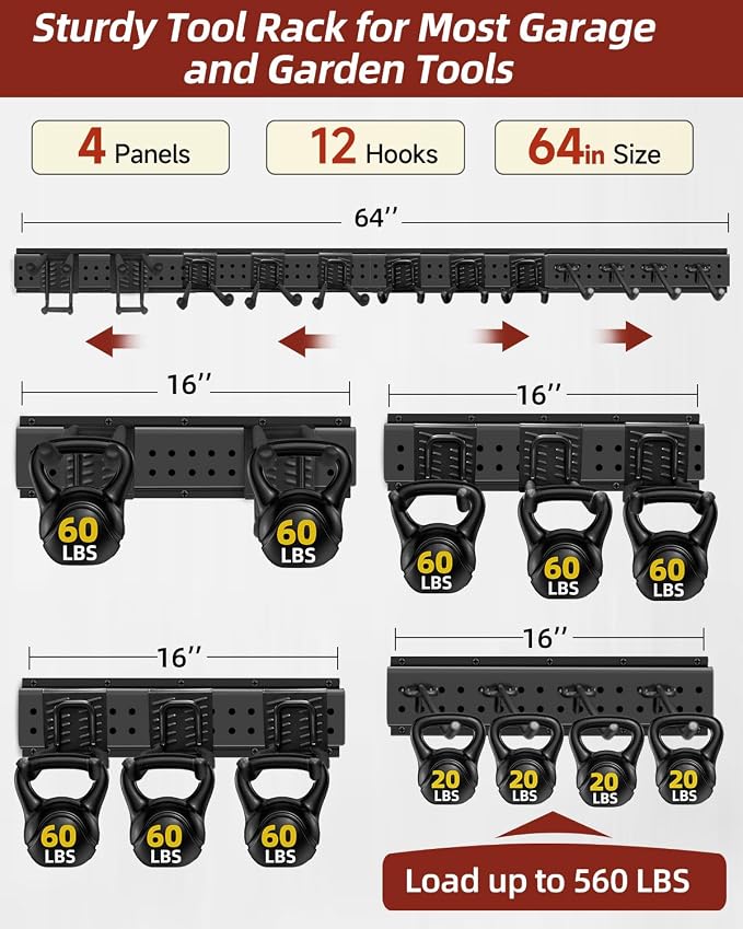 Garage Tool Organizer Wall Mount, 64in Tool Rack, 560LBS Capacity | Solid Steel, 12 Hooks in 4 Types, Rustproof Waterproof, Soft Anti-Scratch Hooks, With Storage Straps, For Garden Tool Storage