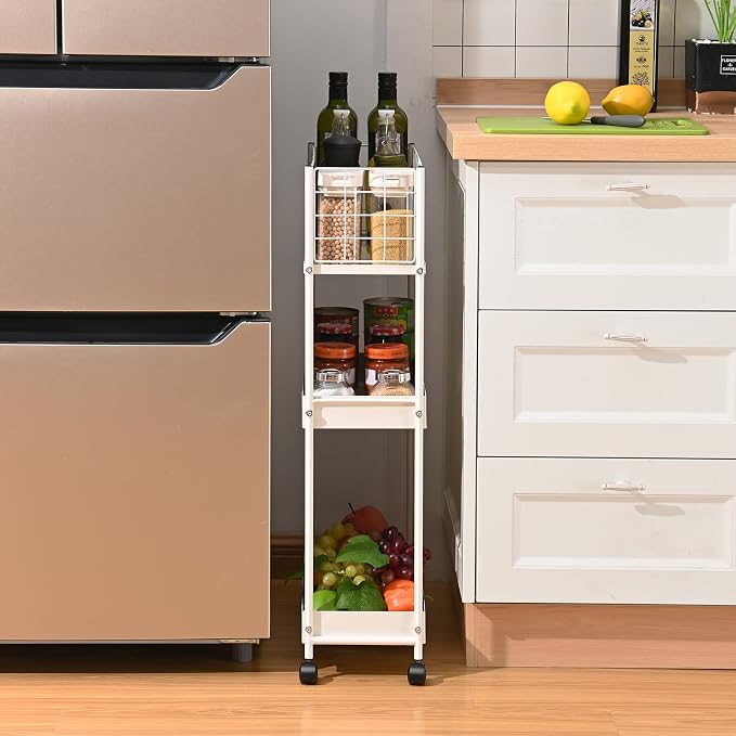 KINGRACK Slim Rolling Storage Cart 3 Tier - Heavy Duty Metal Utility Cart with Raised Edge & Wheels, Narrow Small Mobile Organizer Shelves for Bathroom, Kitchen, Laundry, Office, Living Room, White