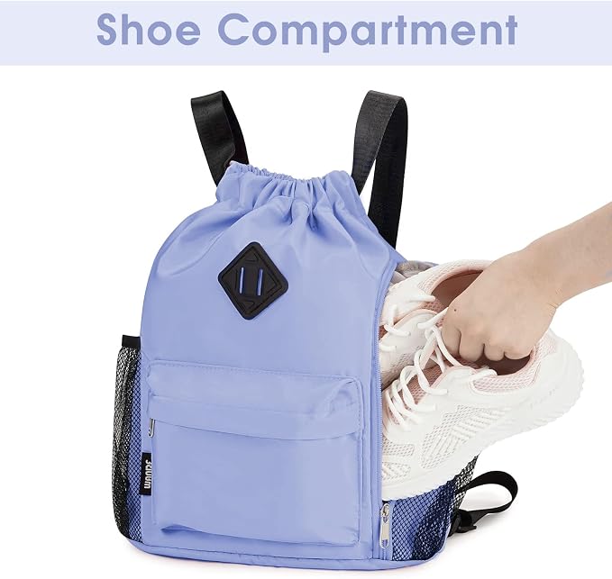 WANDF Drawstring Backpack with Shoe Compartment, Sports Gym Bag | Multi-Pocket Storage, Water-Resistant Fabric, Cinch String Bag